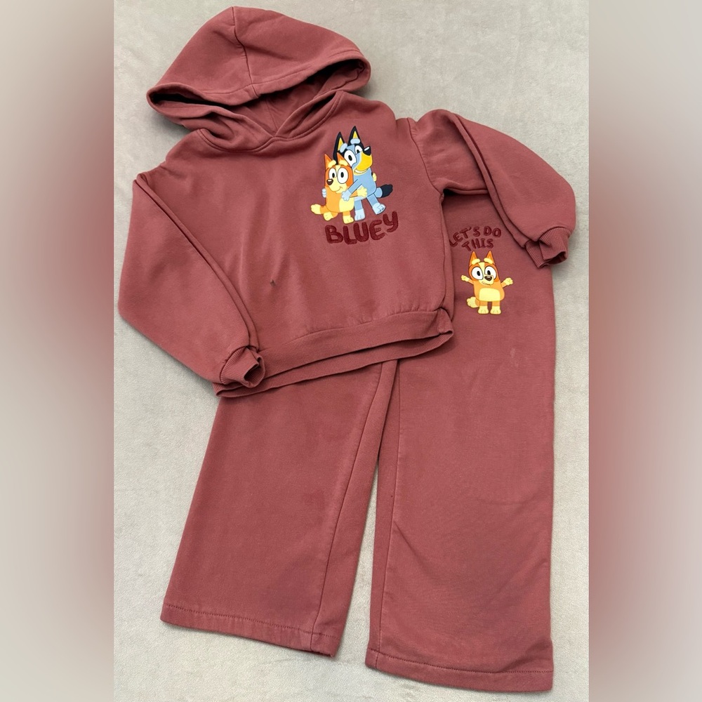 H&M Bluey Girls Sweatsuit Set Size 6 Hoodie Joggers Pink 2Pc Outfit Read